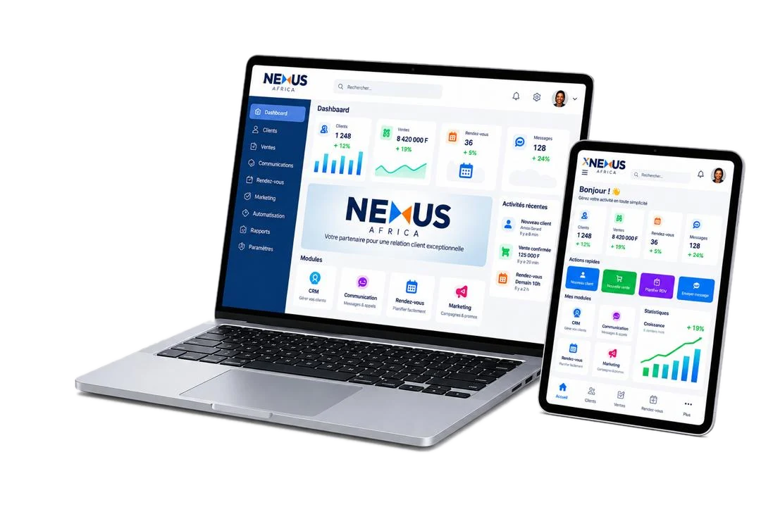 Tableau de bord Nexus Africa sur ordinateur portable et tablette